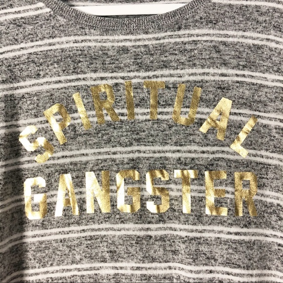 Spiritual Gangster Striped Sweater Gold Lettering Gray Size Medium - Picture 3 of 9